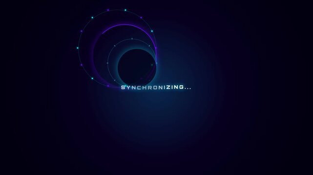 A sleek loading animation shows glowing concentric rings rotating above 'SYNCHRONIZING...' text on a dark blue background, depicting a futuristic data sync or system update process.