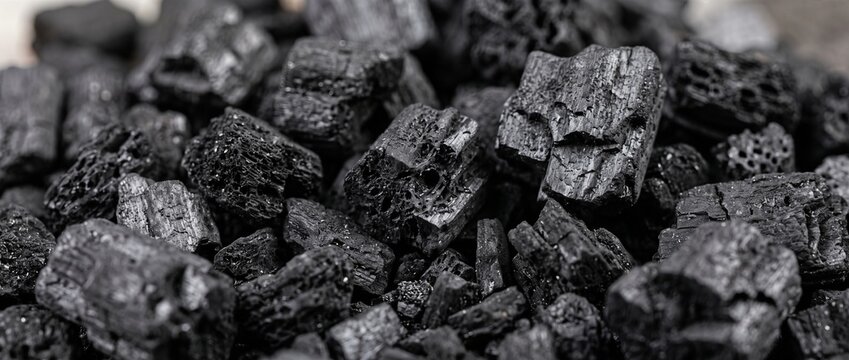 Black charcoal pieces piled together. Close-up texture of porous carbon lump material for fuel and drawing