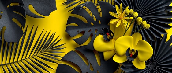 Obraz premium A vibrant 3D composition of black tropical leaves and yellow orchids against a yellow background.