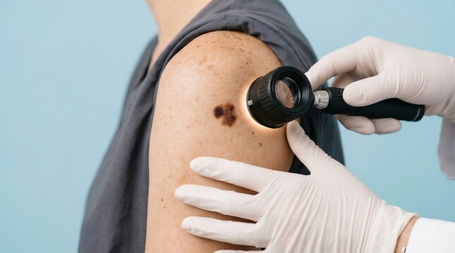 Dermatologist examining a suspicious mole on a patient shoulder with a dermatoscope in a clinical office setting.