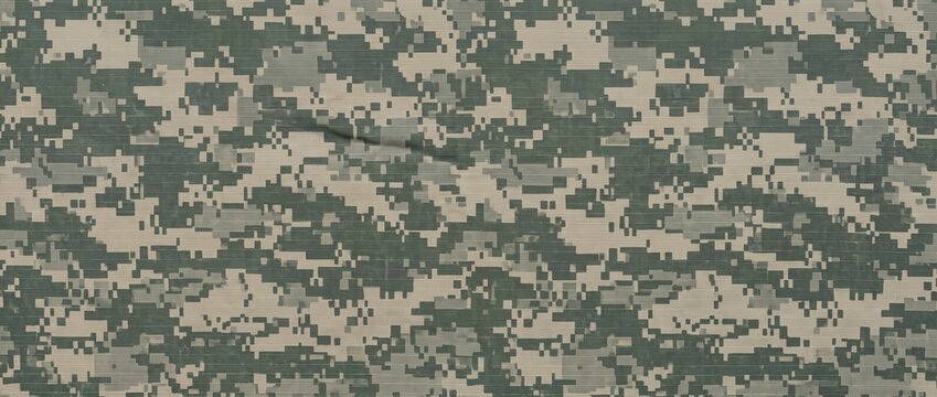 Digital camouflage print pattern on military combat uniform fabric. Pixelated army camo texture background