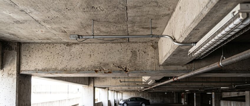 Concrete ceiling and beams in a parking garage. Interior view of an underground car park structure with electrical conduits and lighting fixtures
