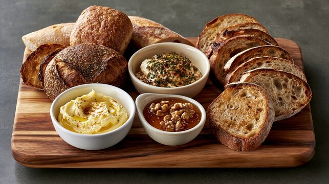 a selection of artisanal breads and dips. The breads have a goldenbrown crust and a soft, fluffy interior. Two white bowls contain creamy spread, topped with herbs and spices.