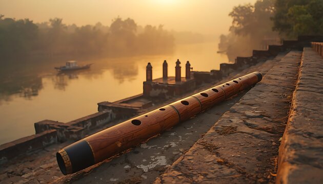 Handcrafted wooden bansuri flute on ancient stone steps overlooking river at sunrise