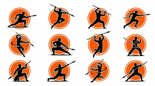 Twelve spear and staff fighting icons illustrate dynamic martial arts poses, symbolizing discipline, agility, and the timeless art of weapon mastery in athletic motion.