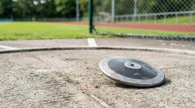 Discus throwing disc lying in a circle at a track and field stadium. Metal athletic equipment for field events