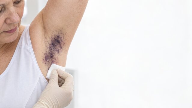 Elderly woman cleaning large bruise under armpit with cotton pad and wearing protective glove