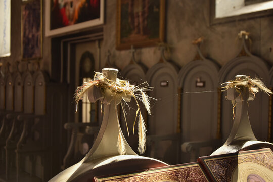 A cross with a crown of wheat ears in a Slavic church for harvest ritual