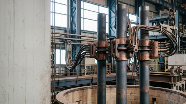 Heavy industrial electric arc furnace with graphite electrodes and heavy copper cables. Metal smelting equipment inside a steel mill or foundry plant