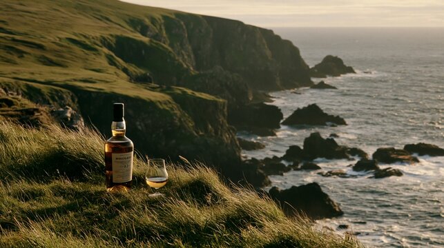 a serene coastal scene captured during golden hour. A bottle of whisky and a glass of white wine sit on a grassy cliff overlooking the ocean. The bottle has a label and a cork.