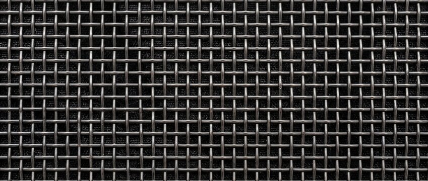 Close-up texture of woven dark metal mesh speaker grill background. Interwoven wire grid pattern with fabric backing for audio equipment