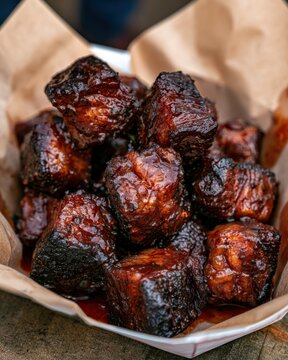 Charred beef burnt ends, sticky BBQ glaze, served on craft paper, casual food truck style