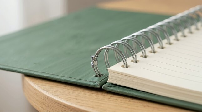 Close-up of spiral notebook binding with metal wire twist. Green journal on wooden table