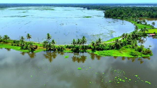 Iconic landscape of Veliyanad in Kerala&rsquo;s Kuttanad region flooded polder fields (padasekharams),Kuttanad&rsquo;s below-sea-level ecosystem, monsoon waterlogging,ural transport, backwater scenery
