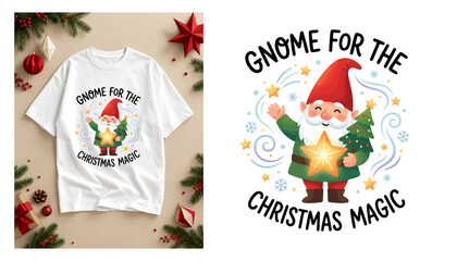 Fototapeta premium Festive gnome illustration holds a golden star surrounded by holiday decorations christmas vector graphic design star