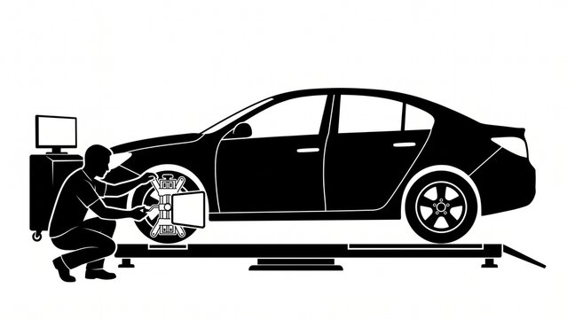 Mechanic performing car wheel alignment in service center