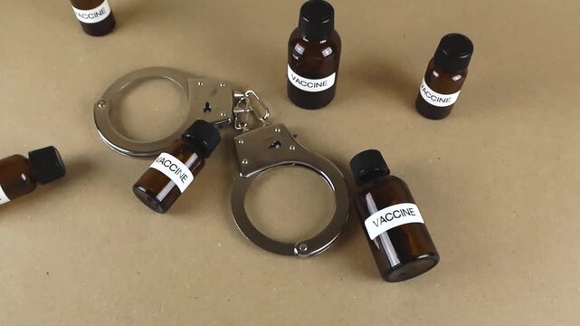 Conceptual video about mandatory vaccination, showing metal handcuffs next to several dark glass bottles labeled vaccine, symbolizing the loss of personal freedom and forced immunization