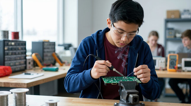 Teenager soldering circuit board in electronics workshop. Young student wearing safety glasses working on hardware repair. DIY maker and STEM education concept