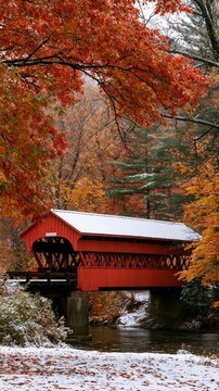 a red wooden covered bridge spanning a stream. The bridge has a white roof and is supported by stone pillars. The surrounding trees are adorned with vibrant red and orange leaves.