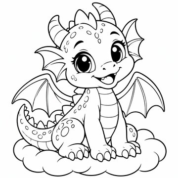 Cute little baby dragon cartoon character sitting on a fluffy cloud line art drawing