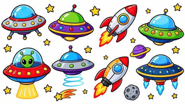 Pixel art set of colorful space rockets and alien flying saucers ufo