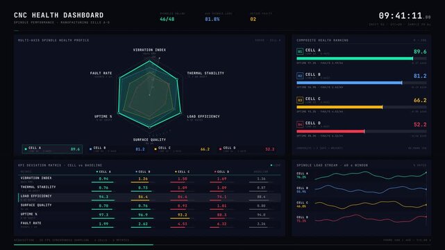 CNC health dashboard visualizing spindle performance across manufacturing cells with a radar chart and KPI comparison table, showcasing efficiency and reliability metrics.