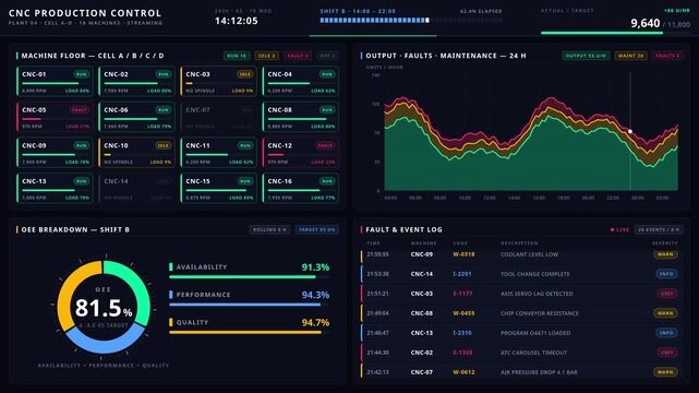 CNC factory dashboard showcasing a comprehensive command center view with utilization tracking, fault monitoring, maintenance schedules, and output metrics in a detailed 4-quadrant layout.