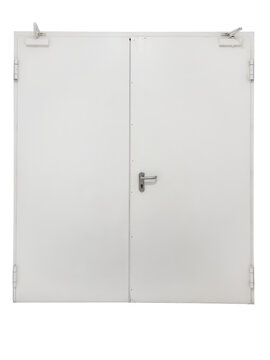 Front view of a closed double leaf white steel fire door or utility door, equipped with door handles and overhead automatic hydraulic closers, isolated on a solid white background.
