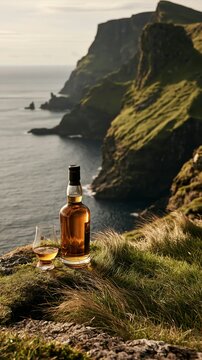 a serene coastal scene. A bottle of ambercolored whisky and a glass of the same whisky are placed on a rugged, grassy cliff overlooking the ocean. The cliff is covered in lush green vegetation.
