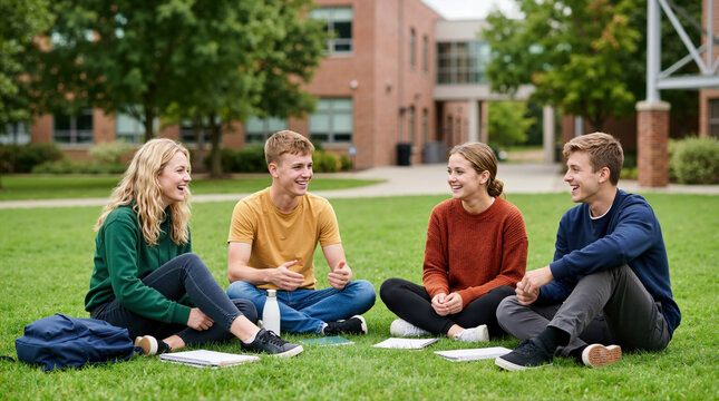 Teenagers sitting on a school lawn and talking. Group of young students laughing together on grass outside a brick building