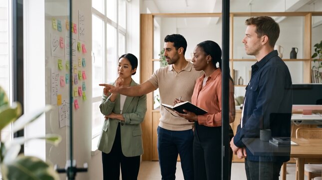 Businesswoman pointing at sticky notes during a brainstorming session