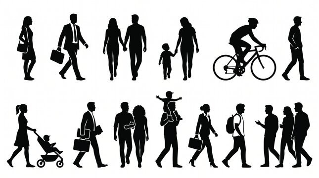 Silhouettes of people walking, cycling, and connecting, symbolizing everyday life, relationships, family, and community, expressed through minimalist design that highlights universal human interaction
