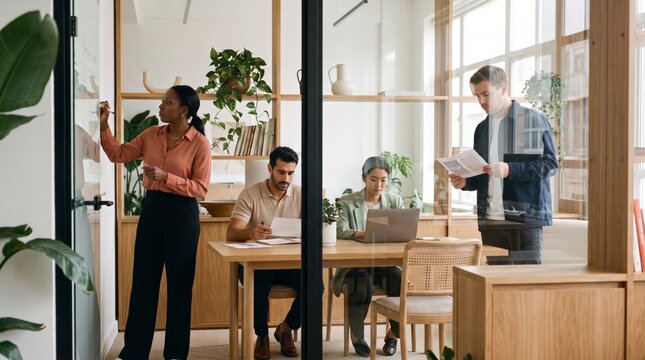 Team collaborating at a glass-walled meeting room with a whiteboard