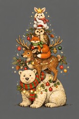 Fototapeta premium Festive Christmas animal stack illustration with holiday decor