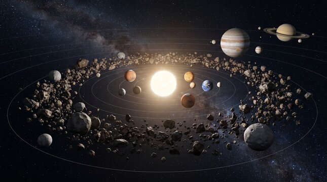 A vast celestial display showcasing the sun and its surrounding planets, including the asteroid belt, in a magnificent solar system illustration
