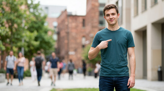 Young man pointing finger at his chest on an outdoor urban street. Confident male standing outdoors with blurred people walking in the background