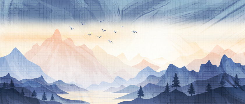 Sunset in the mountains, ridges in the evening light and fog, canvas and watercolor texture, minimalistic landscape, vector illustration