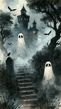 a spooky Halloween scene. A large, Gothicstyle castle with multiple turrets and a clock tower dominates the background. The castle is bathed in a soft, ethereal light. Three ghostly figures.