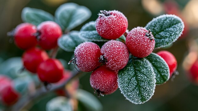 a cluster of bright red berries covered in frost. The berries are clustered together, with some overlapping each other. The frost covers the berries, giving them a glistening, frosty appearance.