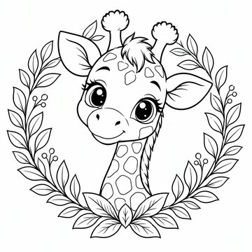 Cute cartoon giraffe head inside a floral circle wreath line art