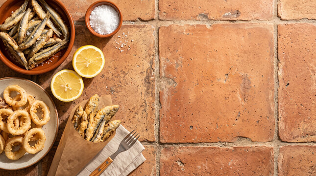 Top down view of Andalusian fried fish tapas Pescaito Frito on terracotta tile