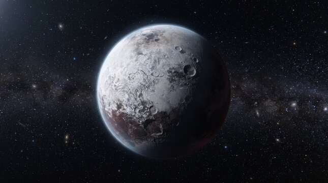 Stunning view of the dwarf planet Pluto in deep space with distant stars and the Milky Way