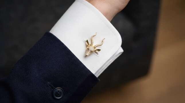 Detailed gold antelope cufflink on formal shirt cuff