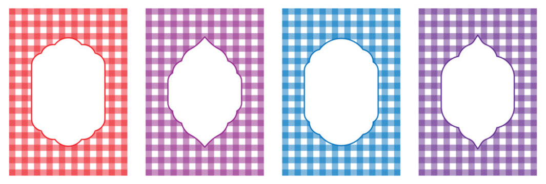 Retro gingham decorative frame collection. Classic picnic tablecloth plaid pattern with blank ornamental label border, colorful set for background design.