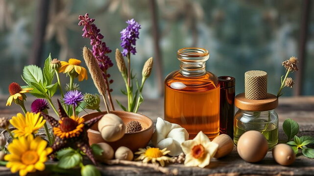 Laboratorio di fitoterapia con boccette di olio essenziale e mortaio con erbe