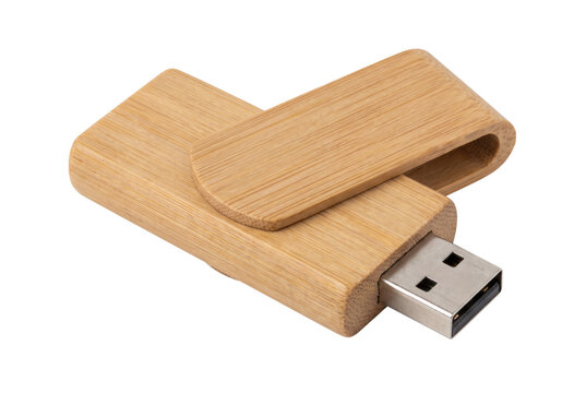 Wooden swivel USB flash drive memory stick isolated on white background