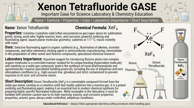 Xenon tetrafluoride gas laboratory chemistry reference poster featuring formula XeF4, square planar structure, noble gas fluoride chemistry, fluorinating ability, oxidizing behavior, reactivity, and s