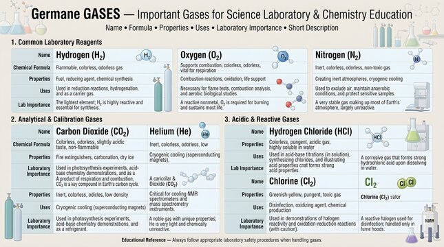 Germane gases science laboratory reference chart covering GeH4, Ge2H6 and related germanium hydrides, molecular structures, semiconductor uses, flammability, toxicity, synthesis roles, and safety guid