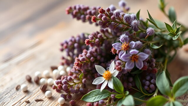 Dettaglio di un mazzetto di fiori viola e bacche su superficie di legno