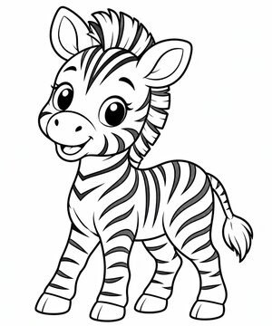 Cute baby zebra character black and white line art coloring page